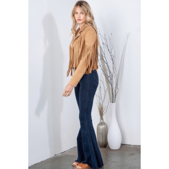 SOLD OUT Camel Faux Leather Suede Fringe Cropped Western Boho Moto Jacket - Picture 7 of 13